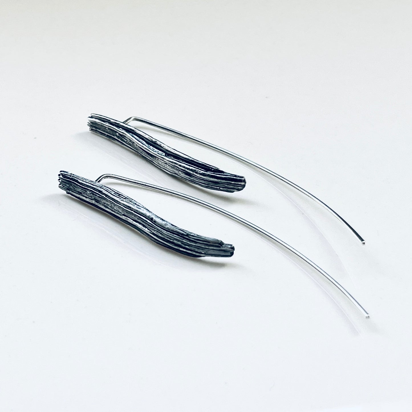 Little Mountain Long hook textured sterling silver earrings E0106