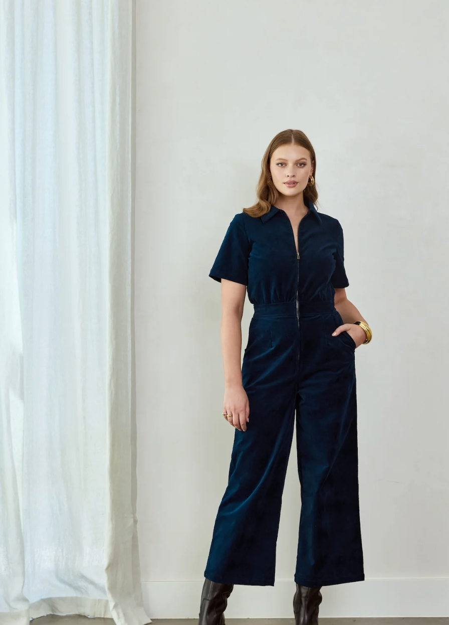 Frock Me Out Petrol Blue Velvet Jumpsuit