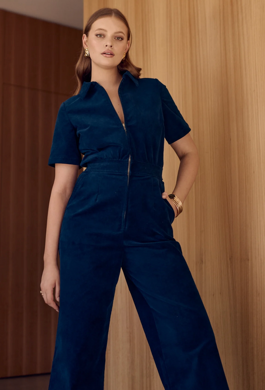 Frock Me Out Petrol Blue Velvet Jumpsuit
